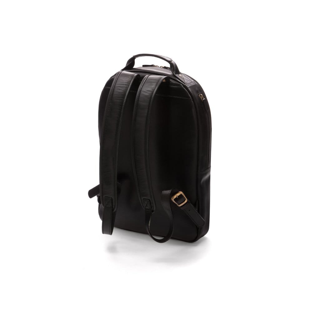,Men's leather 15" laptop backpack, black, back view