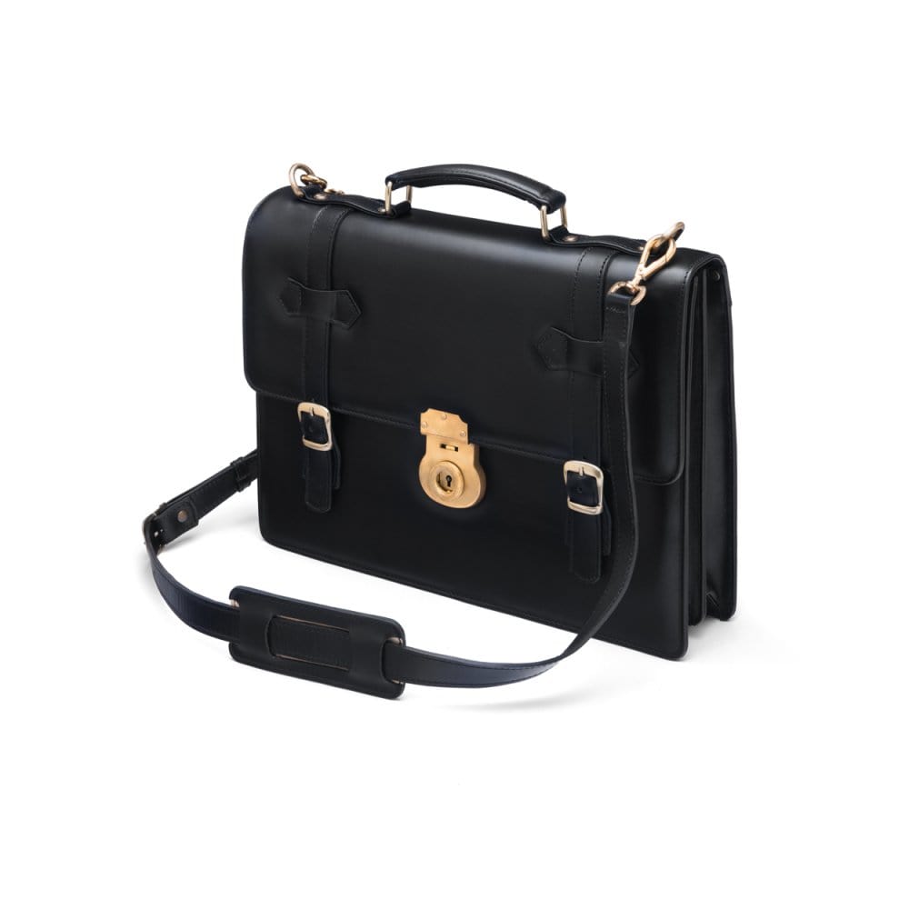 Leather Cambridge satchel briefcase with brass lock, black, side