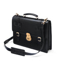 Leather Cambridge satchel briefcase with brass lock, black, side