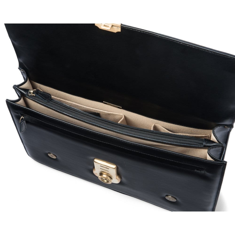Leather Cambridge satchel briefcase with brass lock, black, inside