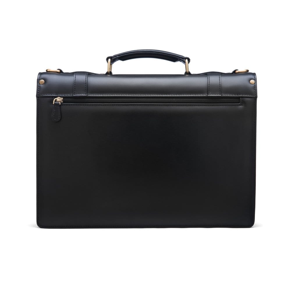 Leather Cambridge satchel briefcase with brass lock, black, back