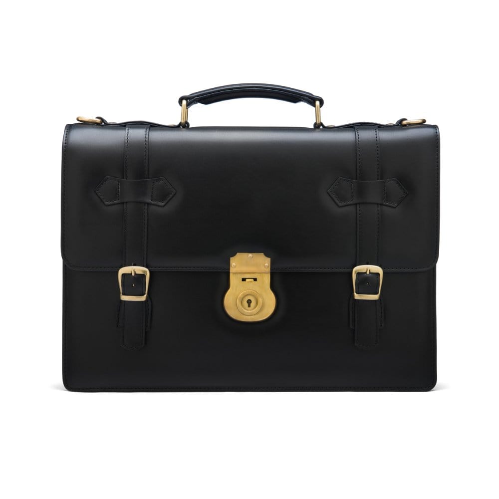 Leather Cambridge satchel briefcase with brass lock, black, front