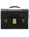 Leather Cambridge satchel briefcase with brass lock, black, front