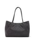 Woven leather slouchy bag, black, front view