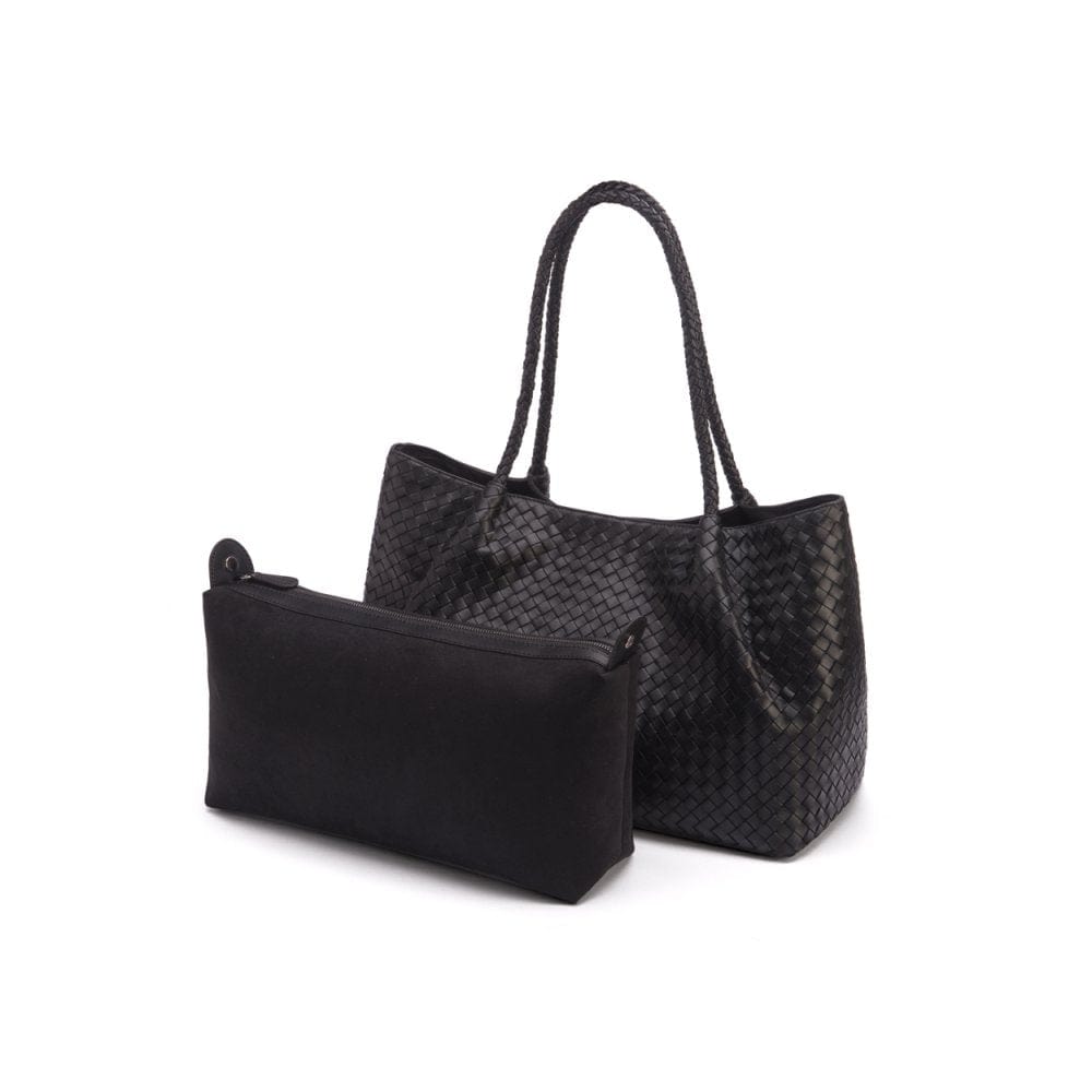 Woven leather slouchy bag, black, with inner bag