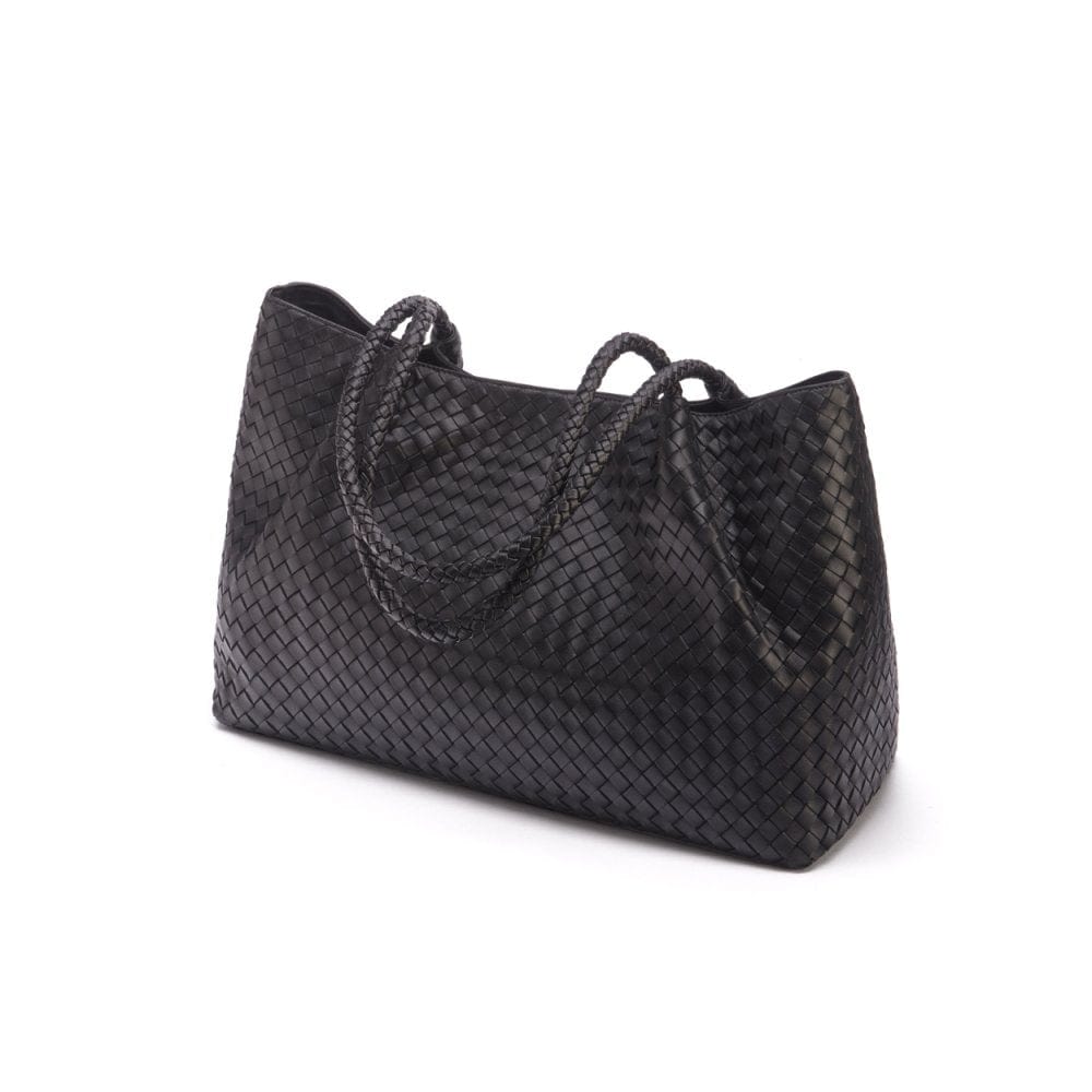 Woven leather slouchy bag, black, side
