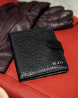 Compact leather wallet with tab, personalised black wallet