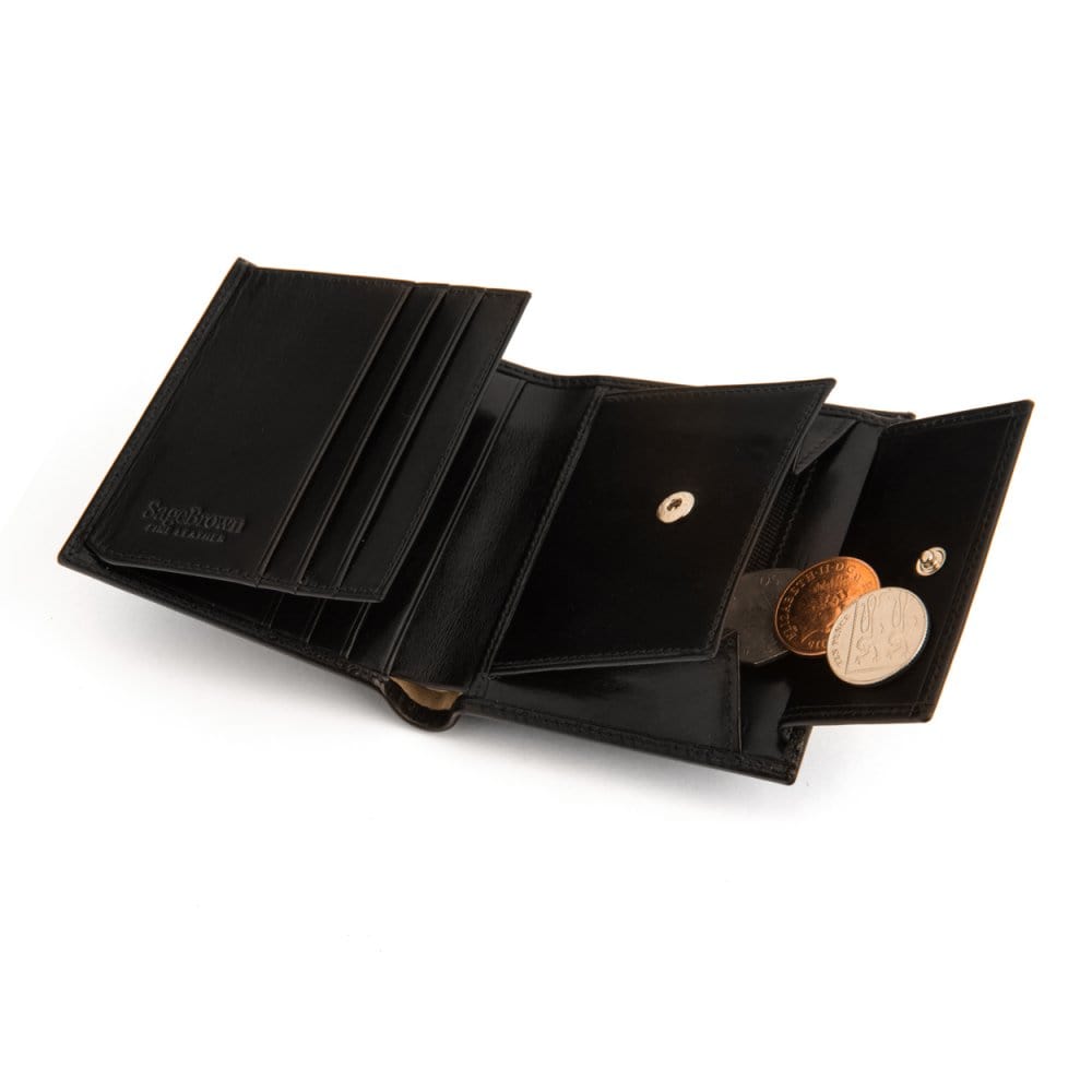 Leather wallet with coin purse, black, open 