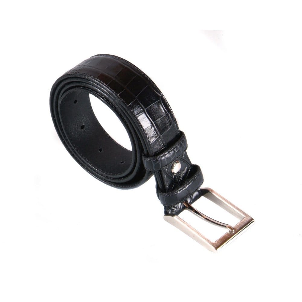 Leather belt with silver buckle, black croc