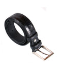 Leather belt with silver buckle, black croc