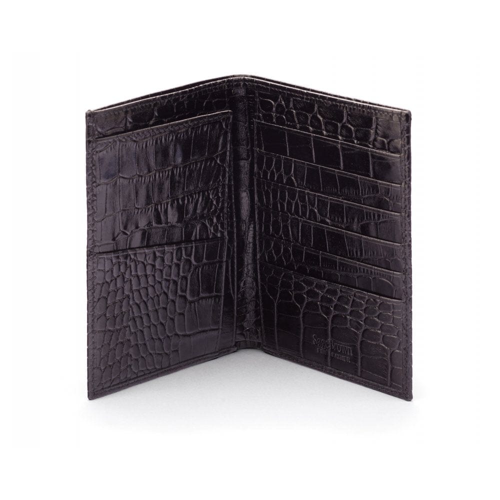 3/4 length tall bifold wallet with 6 CC, black croc, open