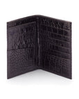 3/4 length tall bifold wallet with 6 CC, black croc, open