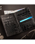 3/4 length tall bifold wallet with 6 CC, black croc, lifestyle