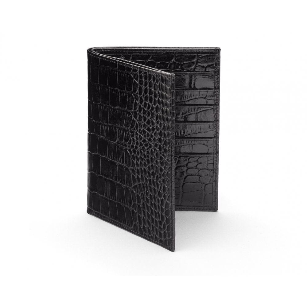 3/4 length tall bifold wallet with 6 CC, black croc, front