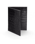 3/4 length tall bifold wallet with 6 CC, black croc, front