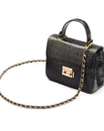 Small leather top handle bag, black croc, side