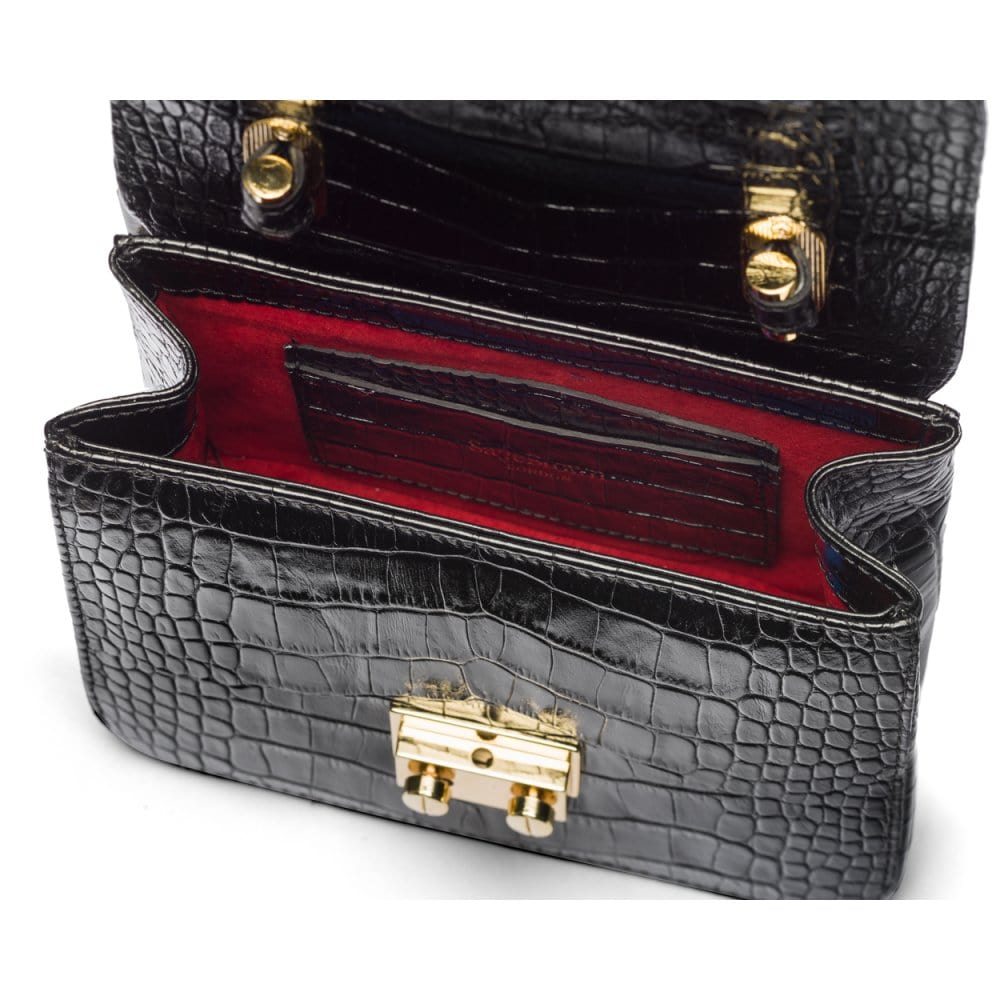 Small leather top handle bag, black croc, inside