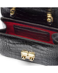 Small leather top handle bag, black croc, inside