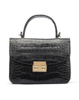 Small leather top handle bag, black croc, front