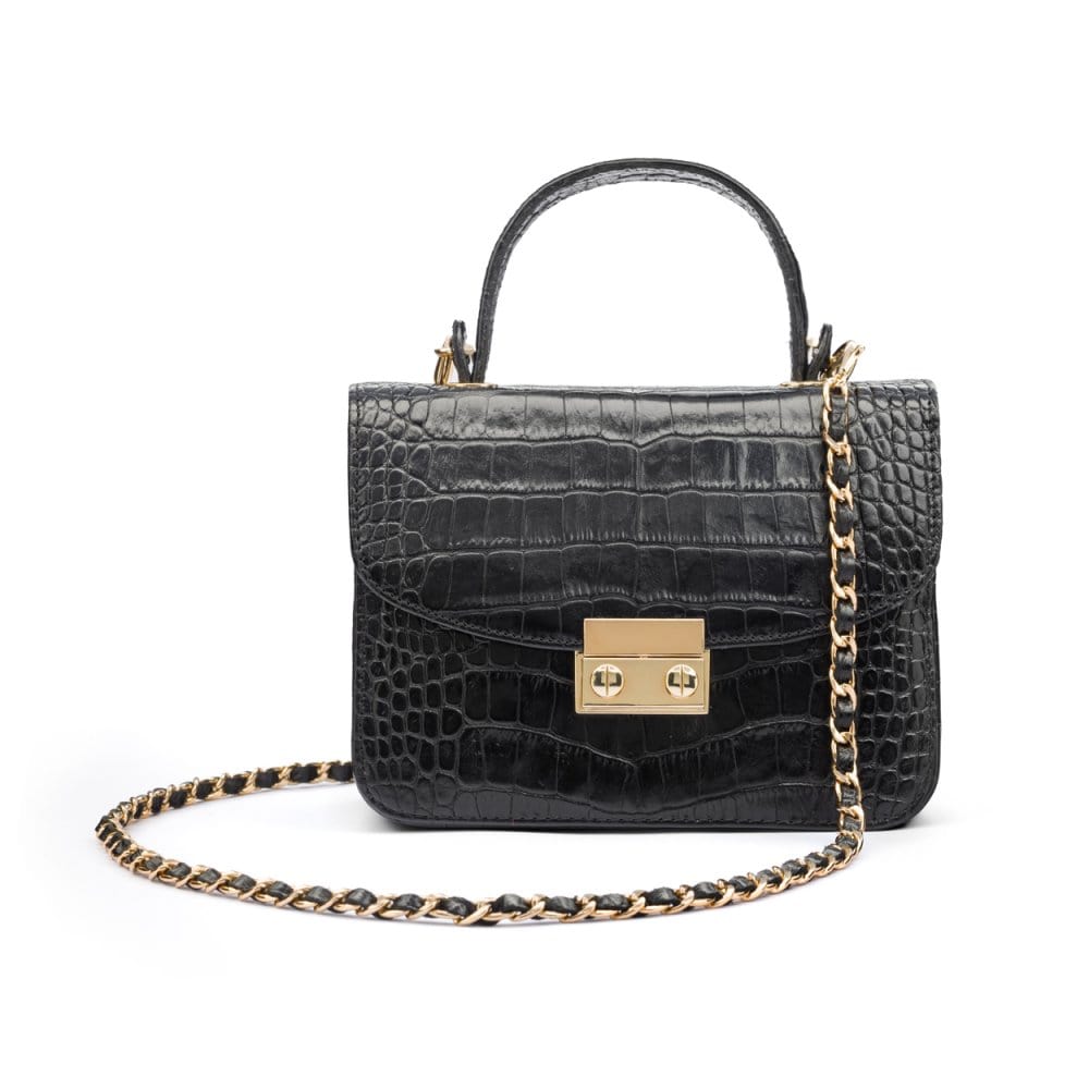Small leather top handle bag, black croc, with chain strap