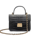 Small leather top handle bag, black croc, with chain strap