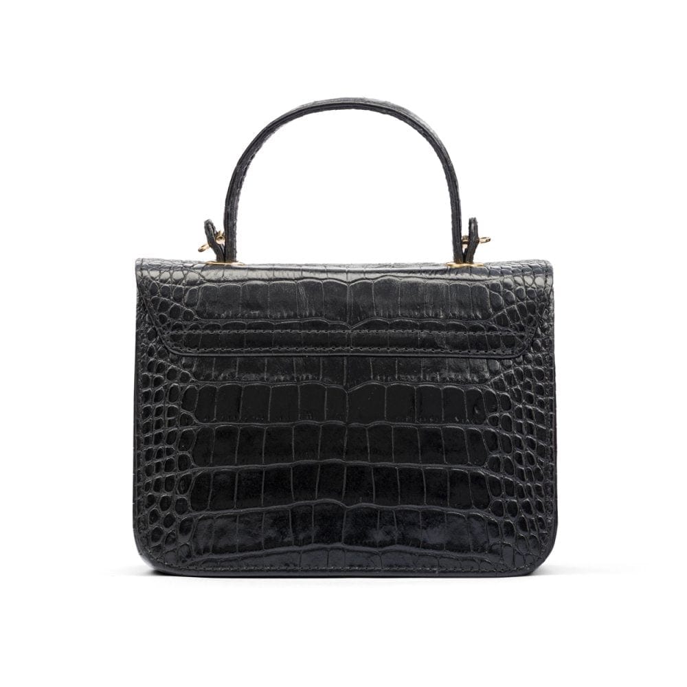 Small leather top handle bag, black croc, back