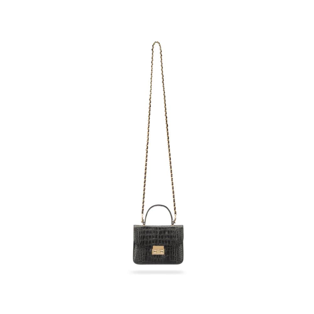 Small leather top handle bag, black croc