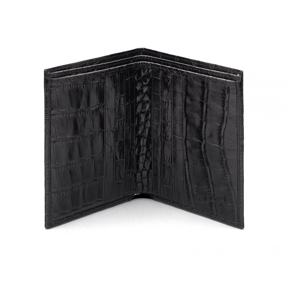 Bifold leather wallet with 6 credit cards, black croc, open