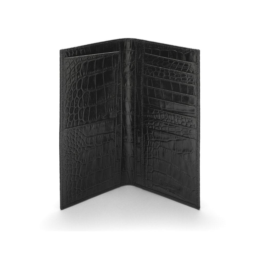 Tall leather wallet with 8 card slots, black croc, open