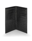 Tall leather wallet with 8 card slots, black croc, open