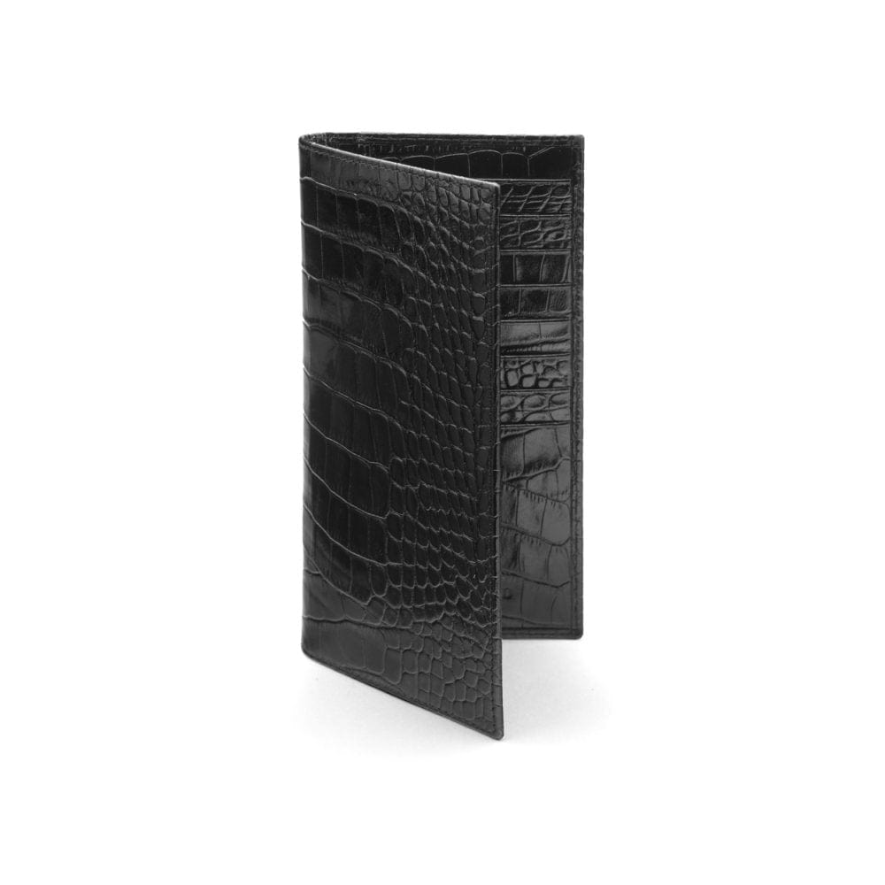 Tall leather wallet with 8 card slots, black croc, front