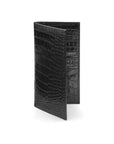 Tall leather wallet with 8 card slots, black croc, front