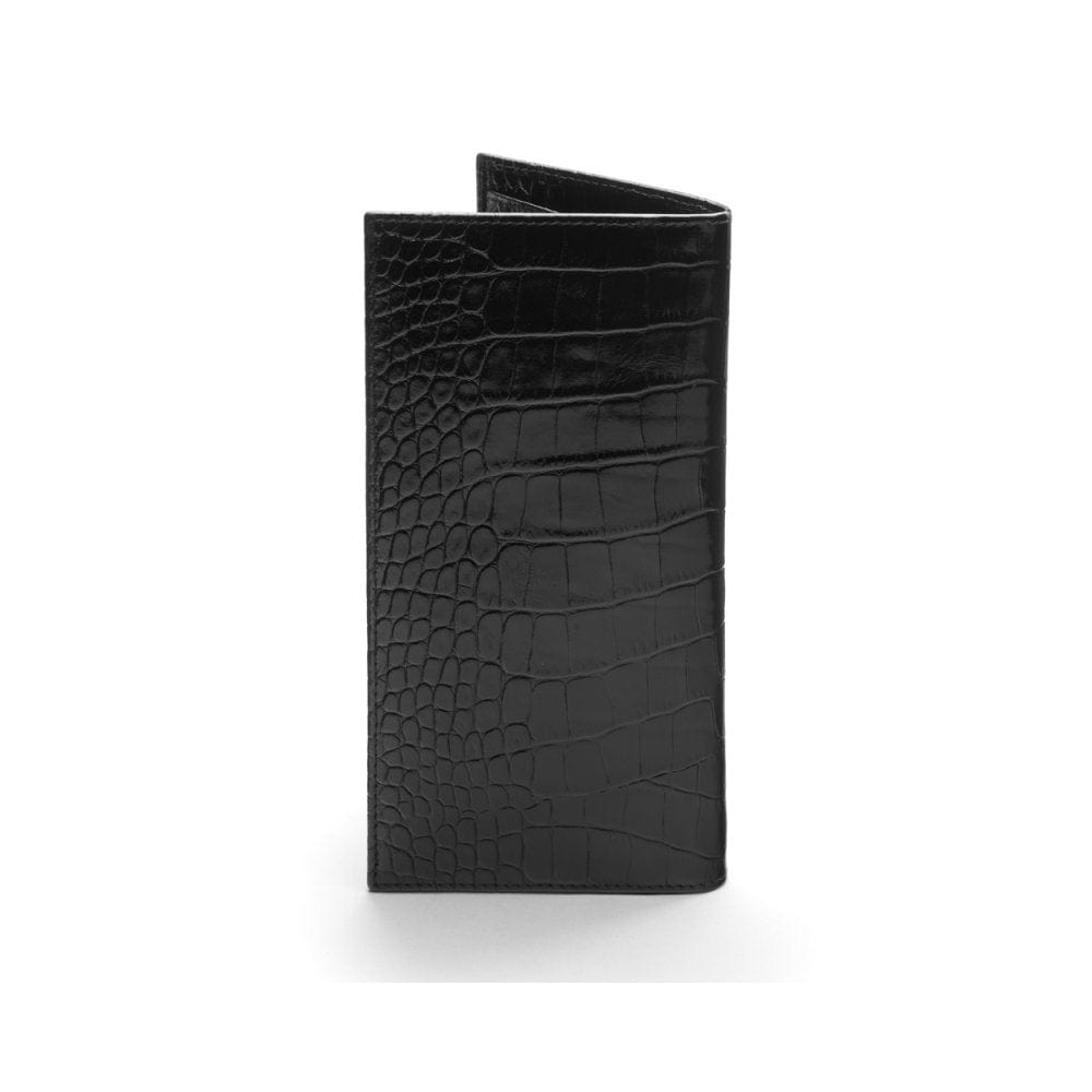 Tall leather wallet with 8 card slots, black croc, back