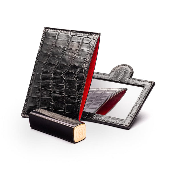 Compact Leather Mirror, Black Croc | Makeup Mirrors | SageBrown
