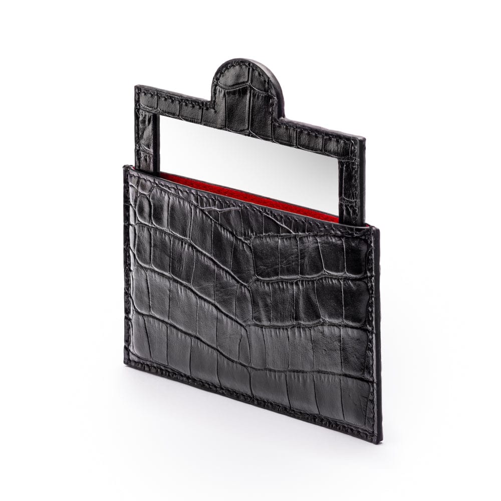 Compact leather mirror, black croc, side