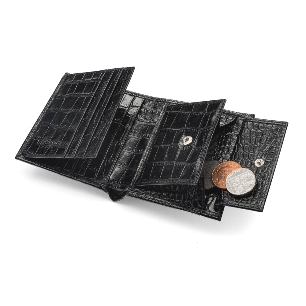 Leather wallet with coin purse, black croc, open