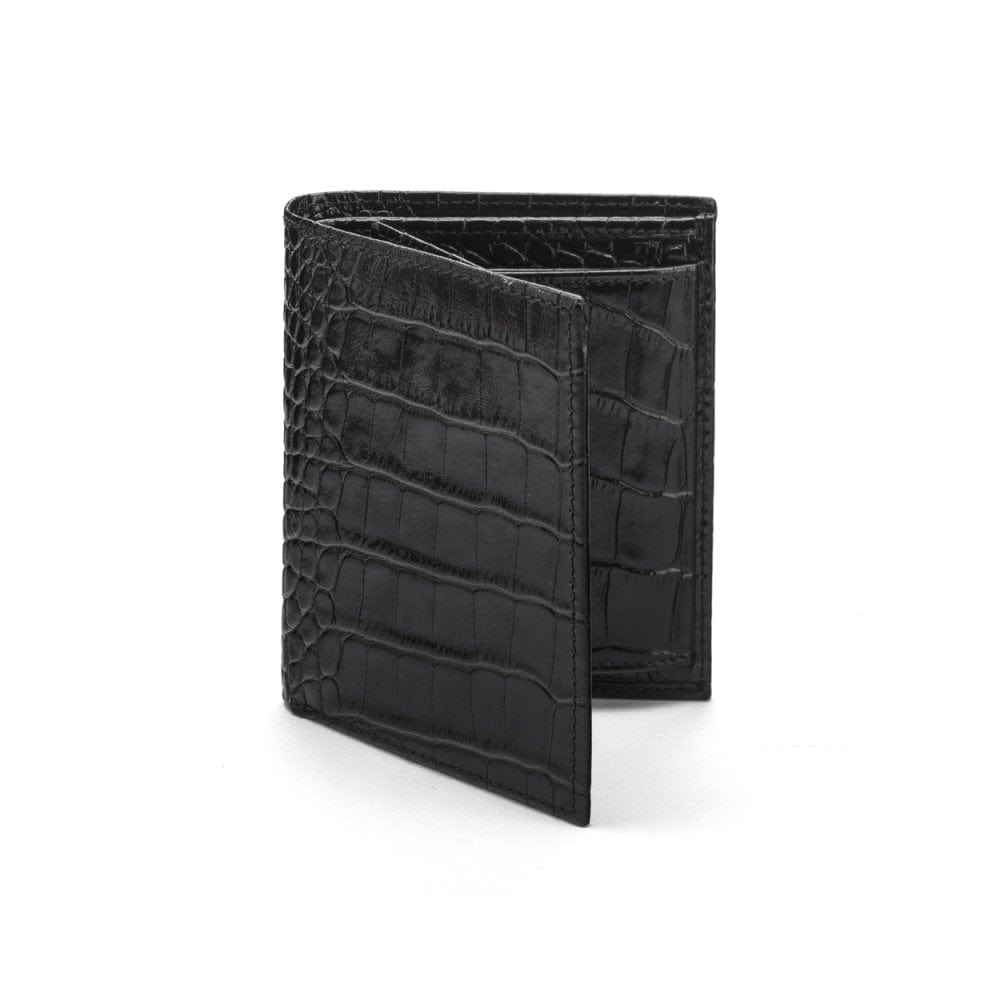 Leather wallet with coin purse, black croc, front