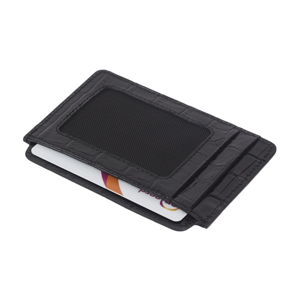 Flat leather ID card case, black croc , front view