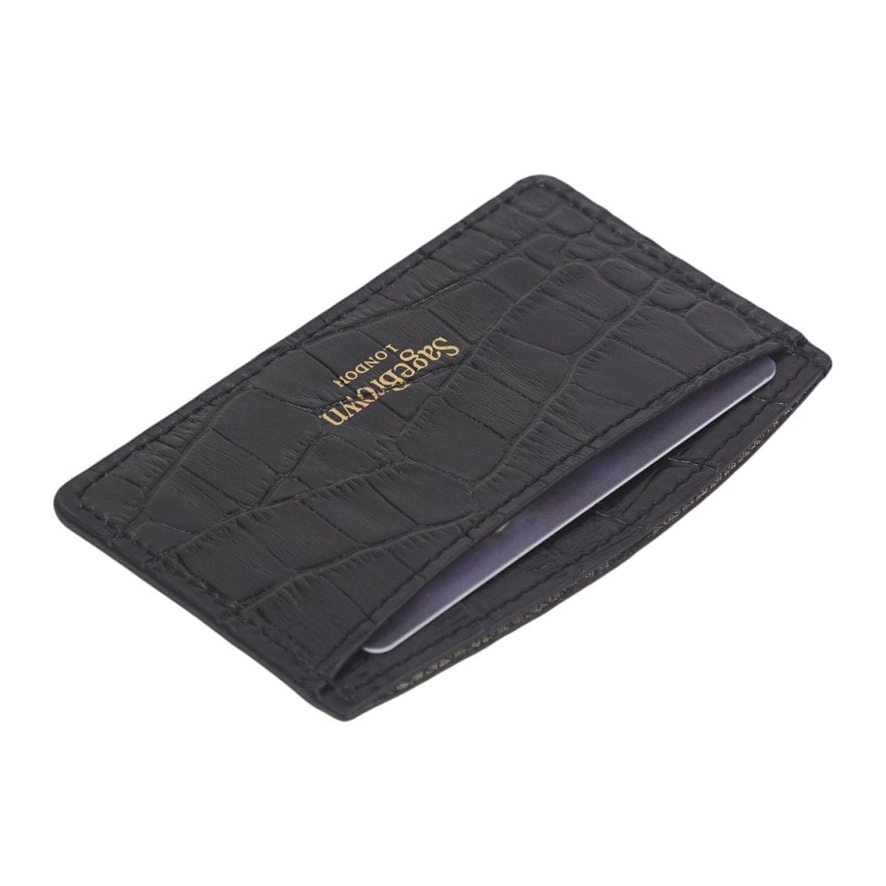 Black Croc Flat Leather Credit Card Case With RFID Blocking Lining