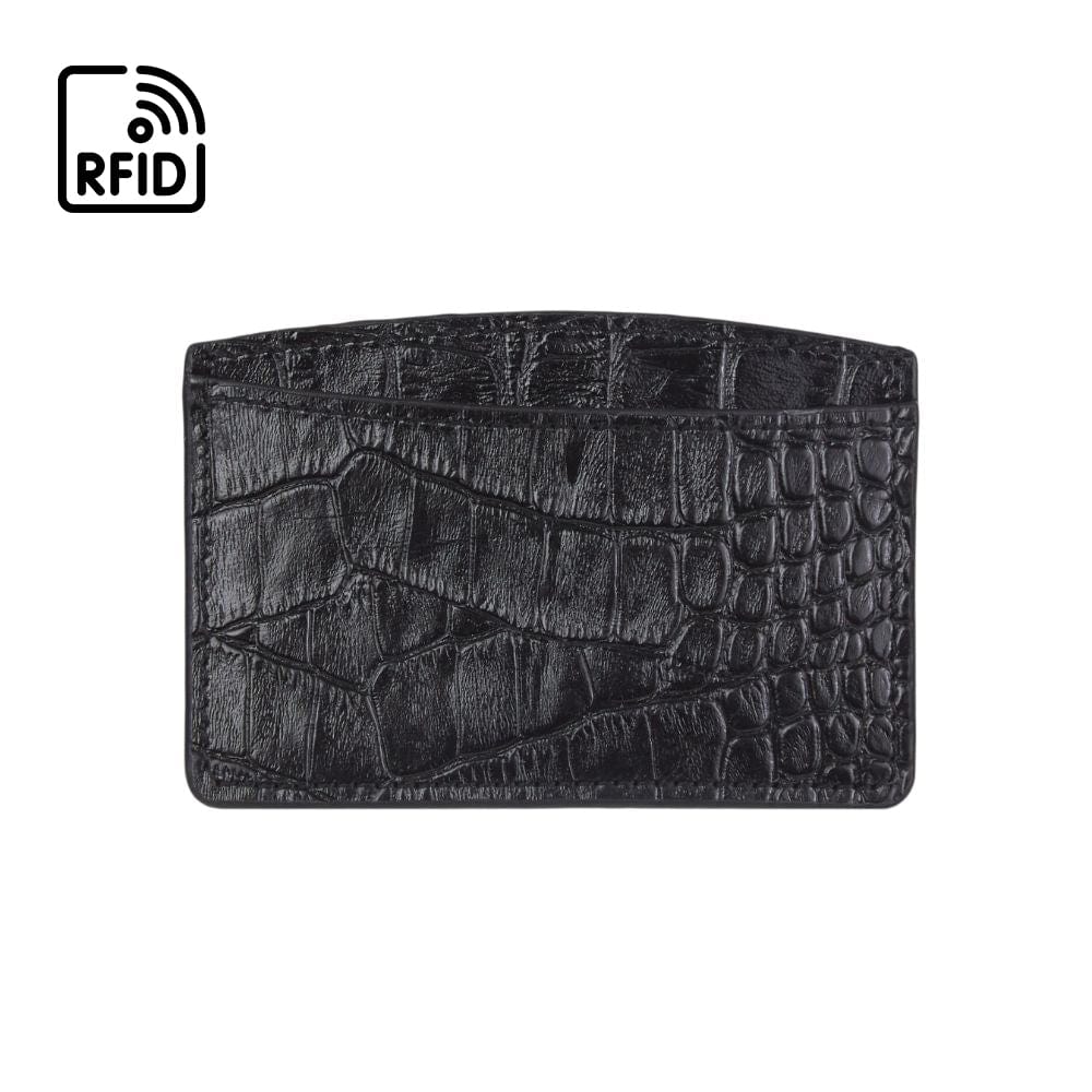 RFID Flat Leather Card Holder, black croc, front view