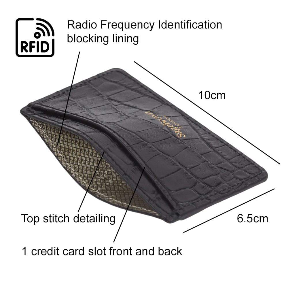 RFID Flat Leather Card Holder, black croc, features