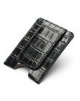 Flat magnetic leather money clip card holder, black croc, front