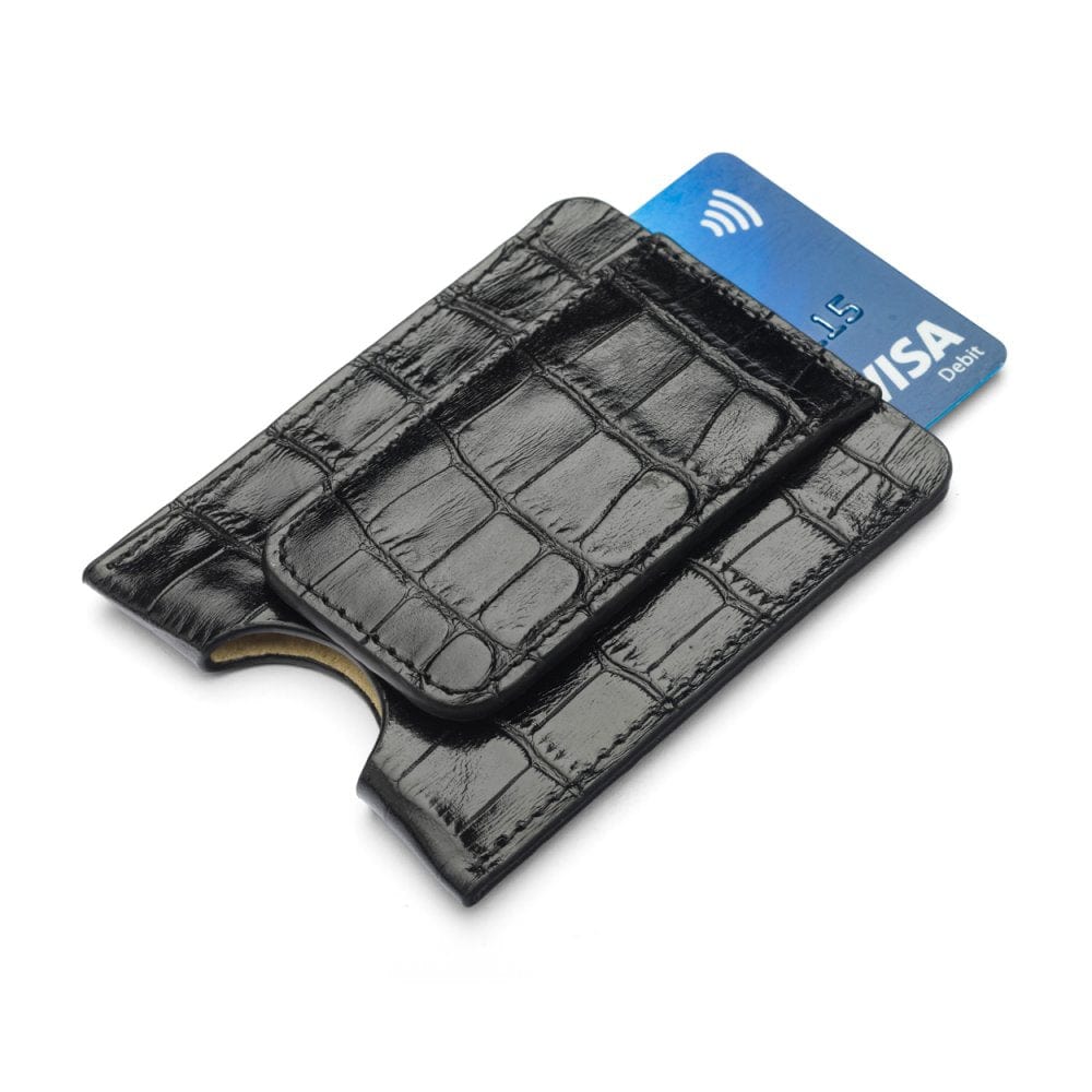 Flat magnetic leather money clip card holder, black croc