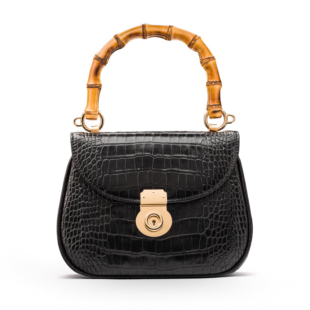 Bamboo handle bag, black croc, front view