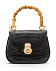 Bamboo handle bag, black croc, front view