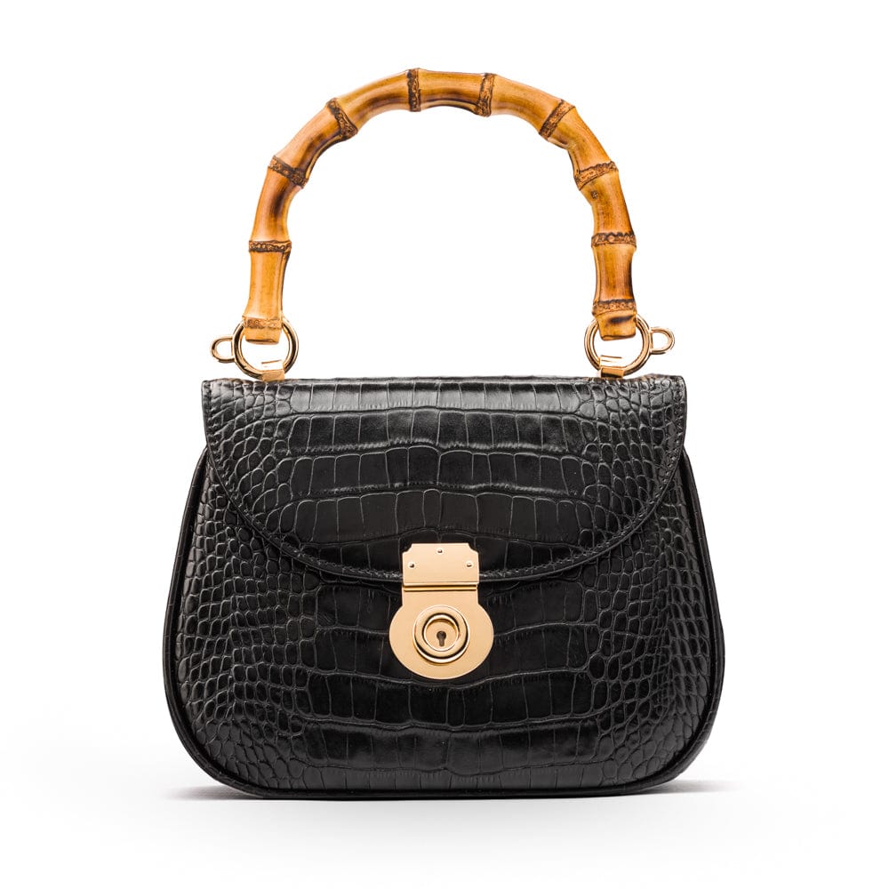 Bamboo Handle Bag, Black Croc Top Handle Bag SageBrown