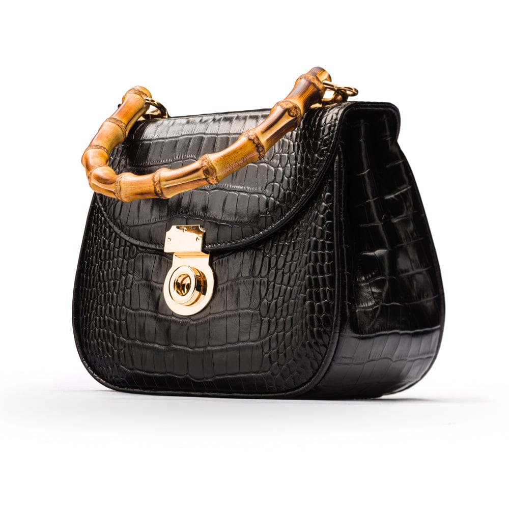 Bamboo handle bag, black croc, side view