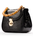 Bamboo handle bag, black croc, side view