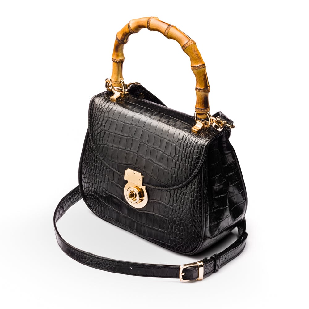 Bamboo handle bag, black croc, long strap view