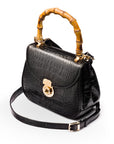 Bamboo handle bag, black croc, long strap view